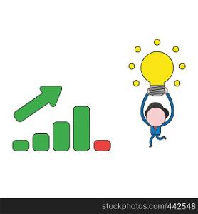 Vector illustration concept of businessman character carrying glowing light bulb idea to sales bar graph moving up and down. Color and black outlines.