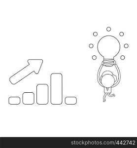 Vector illustration concept of businessman character carrying glowing light bulb idea to sales bar graph moving up and down. Black outline.