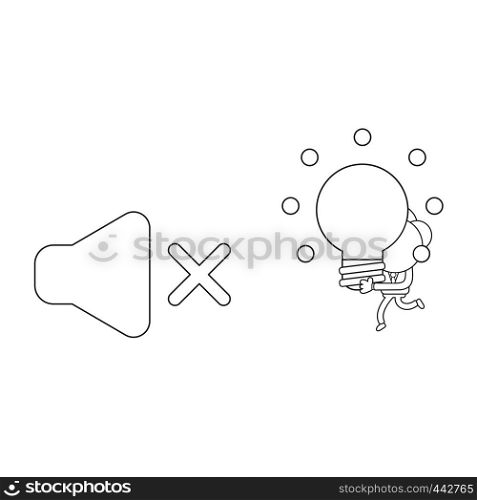 Vector illustration concept of businessman character carrying glowing light bulb idea to sound off symbol. Black outline.