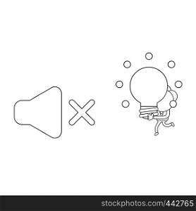 Vector illustration concept of businessman character carrying glowing light bulb idea to sound off symbol. Black outline.