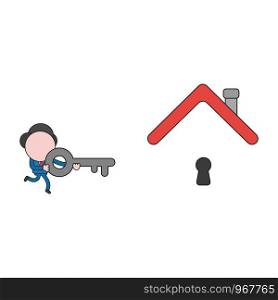 Vector illustration concept of businessman character carrying key to keyhole under house roof. Color and black outlines.