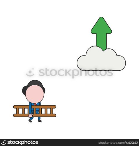 Vector illustration concept of businessman character carrying ladder to reach arrow up on cloud. Color and black outlines.
