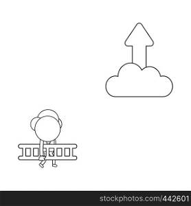 Vector illustration concept of businessman character carrying ladder to reach arrow up on cloud. Black outline.