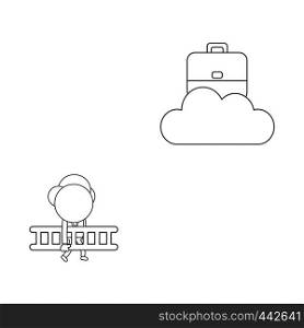 Vector illustration concept of businessman character carrying ladder to reach briefcase on cloud. Black outline.