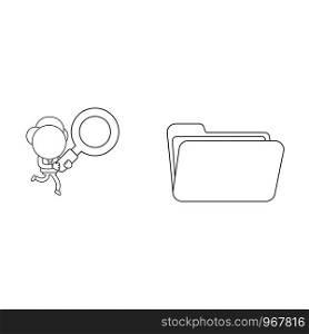 Vector illustration concept of businessman character carrying magnifying glass to opened file folder. Black outline.