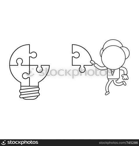 Vector illustration concept of businessman character carrying missing puzzle piece to light bulb puzzle. Black outline.