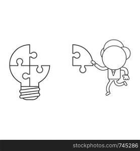 Vector illustration concept of businessman character carrying missing puzzle piece to light bulb puzzle. Black outline.