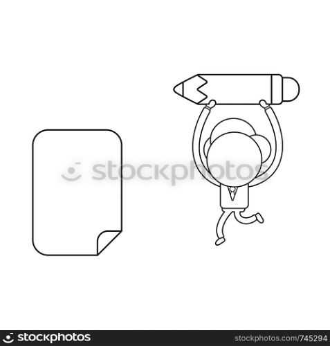 Vector illustration concept of businessman character carrying pencil to blank paper. Black outline.