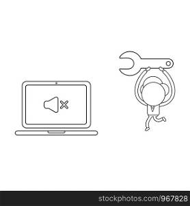 Vector illustration concept of businessman character carrying spanner to laptop computer with sound off symbol. Black outline.
