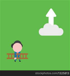 Vector illustration concept of businessman character carrying wooden ladder to reach arrow moving up on cloud. Green background.