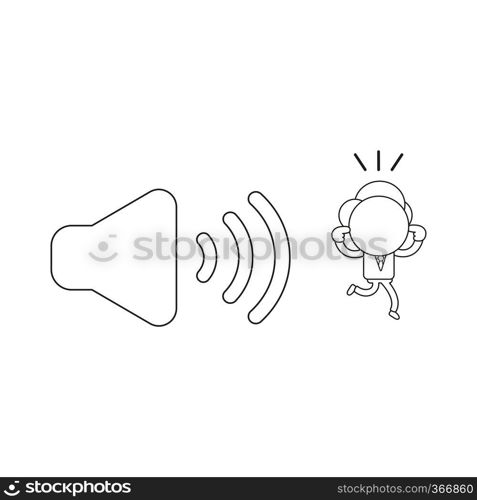 Vector illustration concept of businessman character closed ears and running away from sound symbol. Black outline.