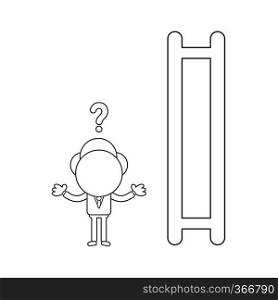 Vector illustration concept of businessman character confused at ladder with missing steps. Black outline.