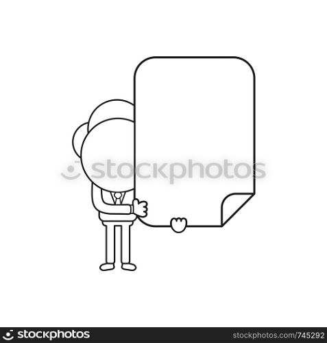 Vector illustration concept of businessman character holding blank paper. Black outline.