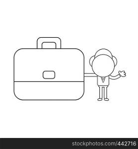 Vector illustration concept of businessman character holding briefcase. Black outline.