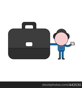 Vector illustration concept of businessman character holding briefcase. Color and black outlines.