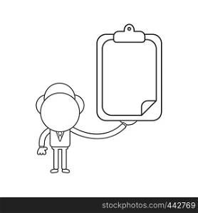 Vector illustration concept of businessman character holding clipboard with blank paper. Black outline.