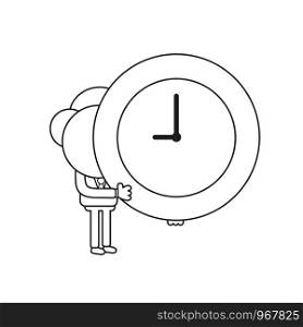 Vector illustration concept of businessman character holding clock. Black outline.