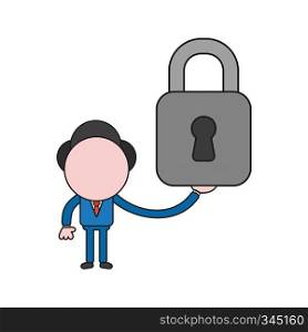 Vector illustration concept of businessman character holding closed padlock. Color and black outlines.