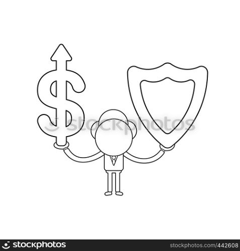 Vector illustration concept of businessman character holding dollar arrow moving up and guard shield. Black outline.