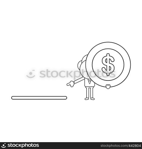Vector illustration concept of businessman character holding dollar coin and pointing moneybox hole. Black outline.