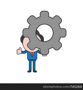 Vector illustration concept of businessman character holding gear and showing thumbs-up. Color and black outlines.