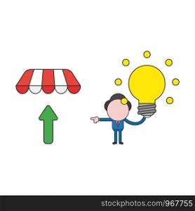 Vector illustration concept of businessman character holding glowing light bulb and pointing arrow up under store awning. Color and black outlines.