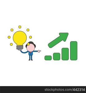 Vector illustration concept of businessman character holding glowing light bulb and showing sales bar graph moving up. Color and black outlines.