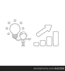 Vector illustration concept of businessman character holding glowing light bulb and showing sales bar graph moving up. Black outline.