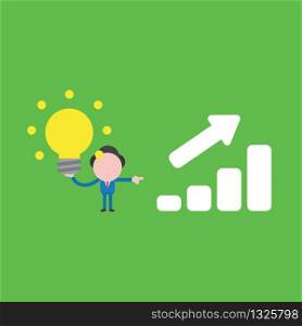 Vector illustration concept of businessman character holding glowing light bulb with sales bar chart moving up, good idea and success. Green background.