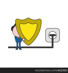 Vector illustration concept of businessman character holding guard shield ang plug plugged into outlet. Color and black outlines.