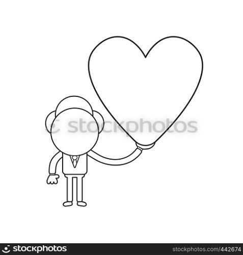 Vector illustration concept of businessman character holding heart. Black outline.