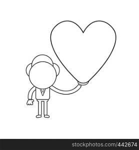 Vector illustration concept of businessman character holding heart. Black outline.