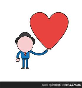 Vector illustration concept of businessman character holding heart. Color and black outlines.