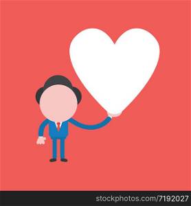 Vector illustration concept of businessman character holding heart icon. Red background.