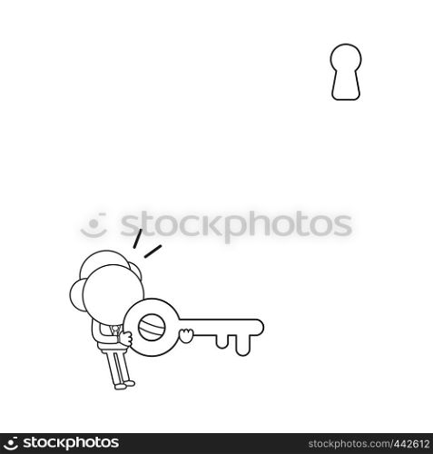 Vector illustration concept of businessman character holding key and looking keyhole above. Black outline.