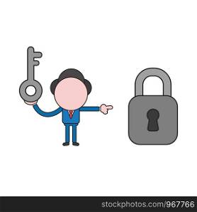 Vector illustration concept of businessman character holding key and pointing closed padlock. Color and black outlines.