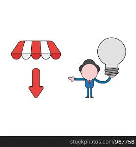 Vector illustration concept of businessman character holding light bulb and pointing arrow down under store awning. Color and black outlines.