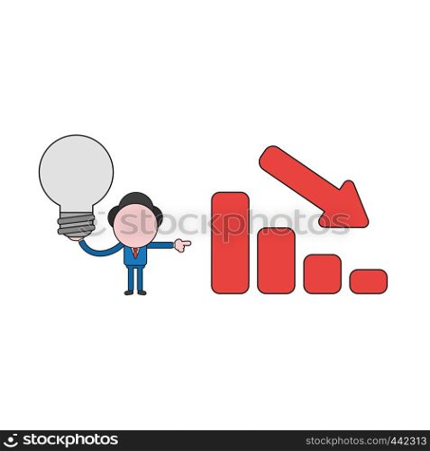 Vector illustration concept of businessman character holding light bulb and showing sales bar graph moving down. Color and black outlines.
