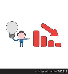 Vector illustration concept of businessman character holding light bulb and showing sales bar graph moving down. Color and black outlines.