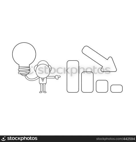 Vector illustration concept of businessman character holding light bulb and showing sales bar graph moving down. Black outline.