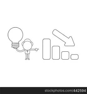 Vector illustration concept of businessman character holding light bulb and showing sales bar graph moving down. Black outline.