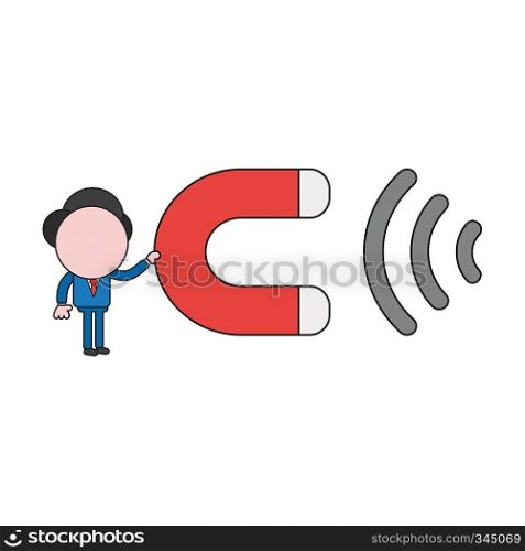 Vector illustration concept of businessman character holding magnet and attracting. Color and black outlines.