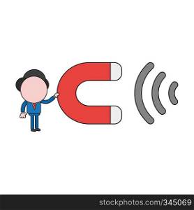 Vector illustration concept of businessman character holding magnet and attracting. Color and black outlines.