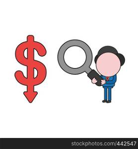 Vector illustration concept of businessman character holding magnifying glass to dollar arrow moving down. Color and black outlines.