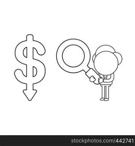 Vector illustration concept of businessman character holding magnifying glass to dollar arrow moving down. Black outline.