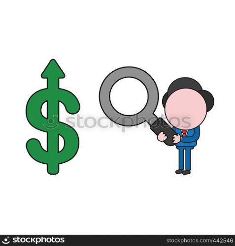 Vector illustration concept of businessman character holding magnifying glass to dollar arrow moving up.