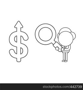 Vector illustration concept of businessman character holding magnifying glass to dollar arrow moving up. Black outline.