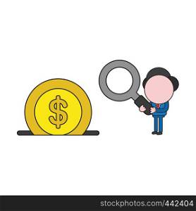 Vector illustration concept of businessman character holding magnifying glass to dollar coin into moneybox. Color and black outlines.