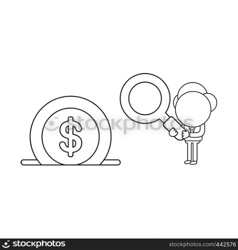 Vector illustration concept of businessman character holding magnifying glass to dollar coin into moneybox. Black outline.