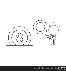 Vector illustration concept of businessman character holding magnifying glass to dollar coin into moneybox. Black outline.